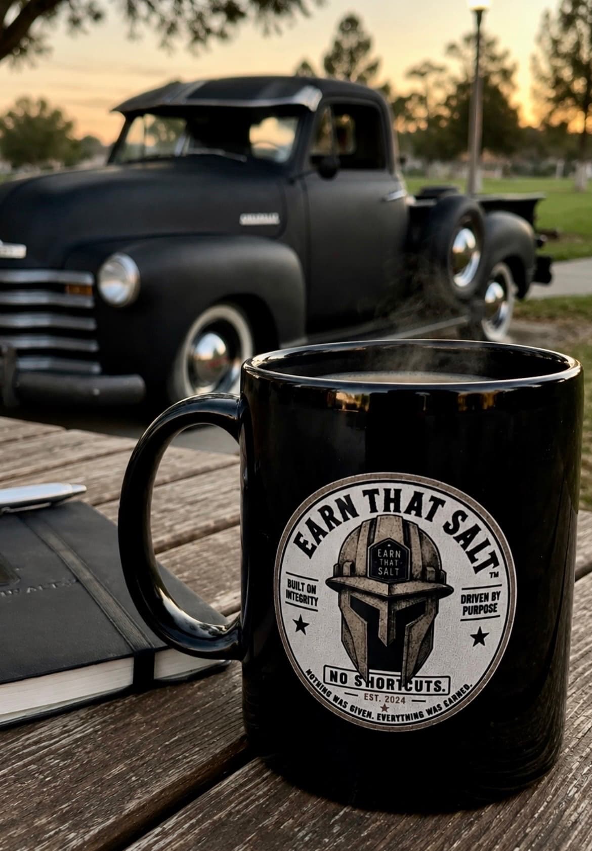 Earn That Salt mug on a wooden table at golden hour, with a classic black pickup in soft focus behind it
