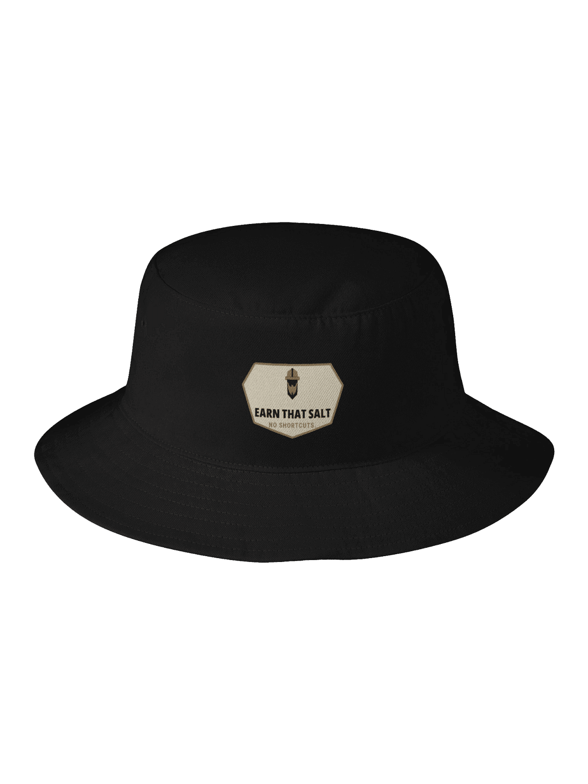 Earn That Salt Field Bucket Hat — black bucket hat with the shield crest