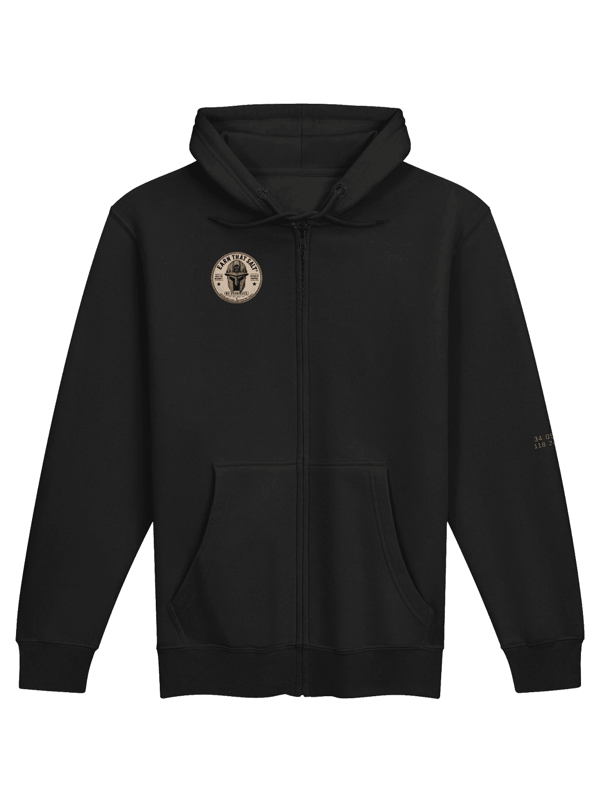 Earn That Salt Full-Zip Hoodie — black full-zip with crest and sleeve detail