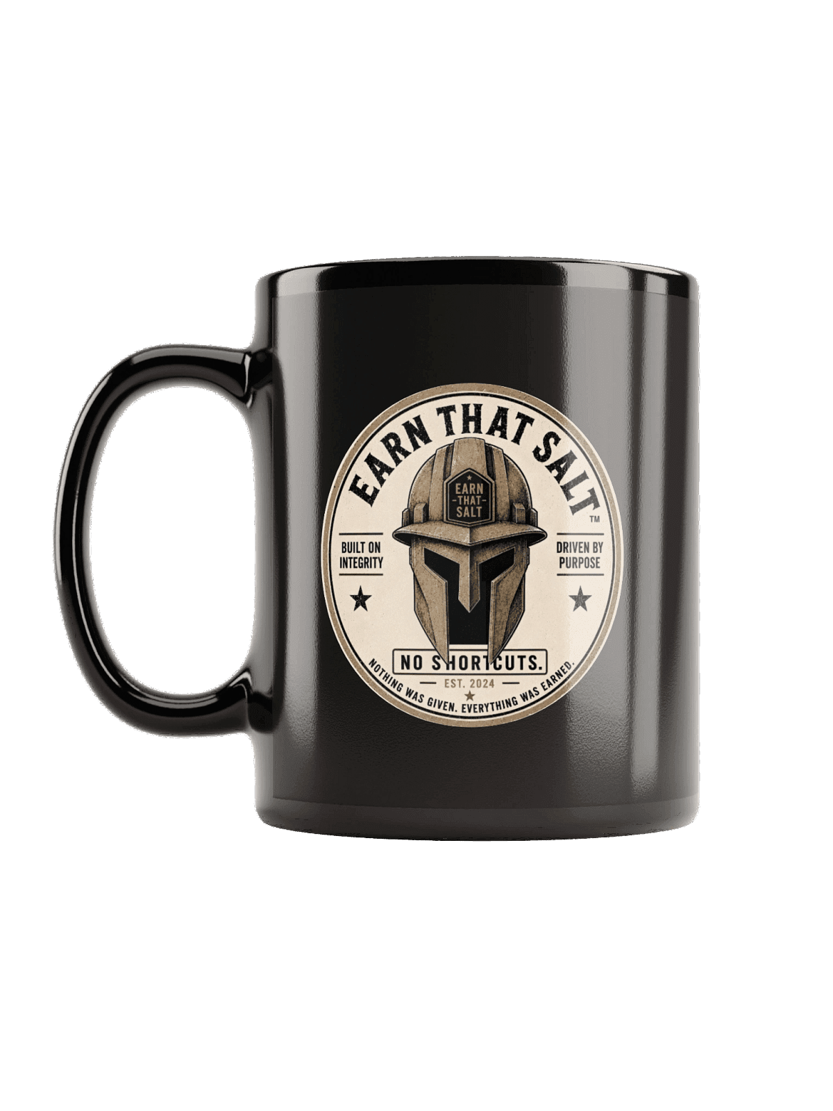 Earn That Salt Signature Mug — black ceramic mug with the Earn That Salt badge